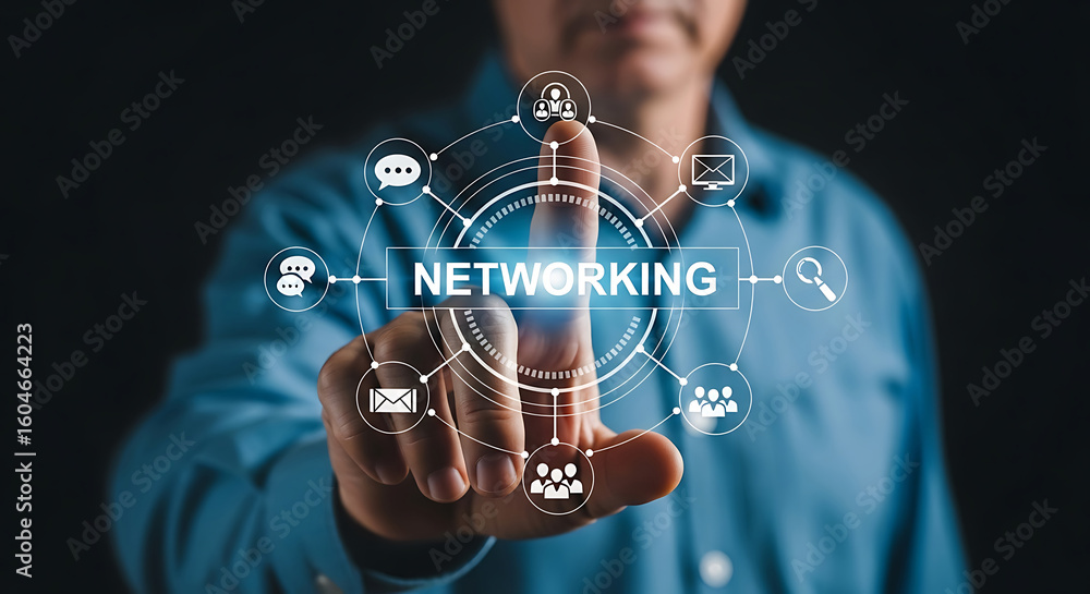 Poster man touching networking digital interface blue hand