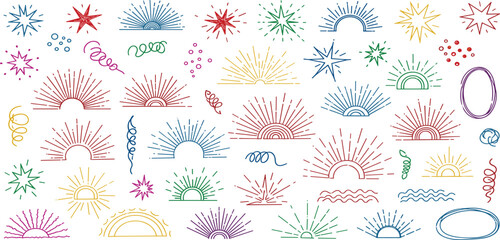 Colorful doodle sunburst, movement icons, comic expression elements. Crayon drawn sketch doodle explosive element.