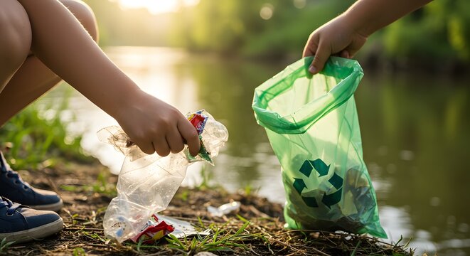 a child's hands collecting plastic wrappers