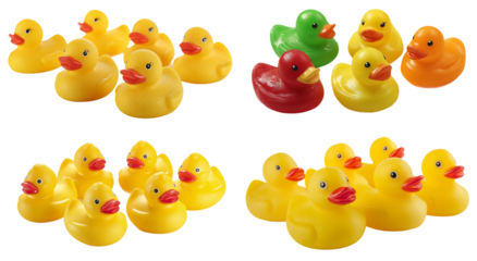 Playful rubber ducks in yellow red green and orange perfect for bath time and whimsical designs isolated on transparent background
