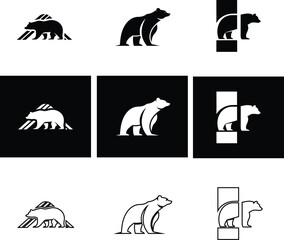 Clean bear logo vector pack in outline, flat, button style and silhouette for forest, wild, and survival branding.

