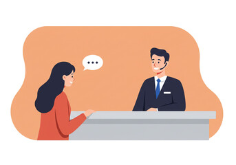 Fototapeta premium Illustration of a woman talking to a customer service representative at a counter with speech bubble