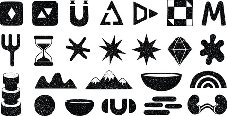 Crayon drawn brutal geometric shapes and forms. Abstract geometric graphic elements with pencil texture. 