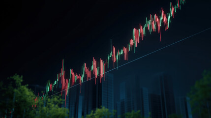 Market growth surge financial sector data visualization urban nightscape aerial view economic trends