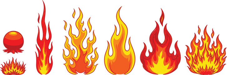Crayon drawn red fire flames icons collection. Hand drawn doodle flames stickers.
