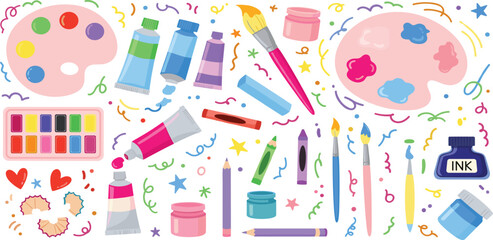 Crayon drawn set of artists painting supplies and stationary. Paint tubes, brushes, palettes and kid's school stationery. 