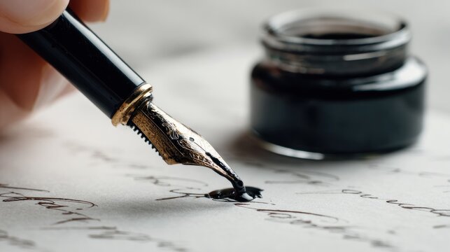 Hand holding fountain pen over aged paper, inkwell nearby