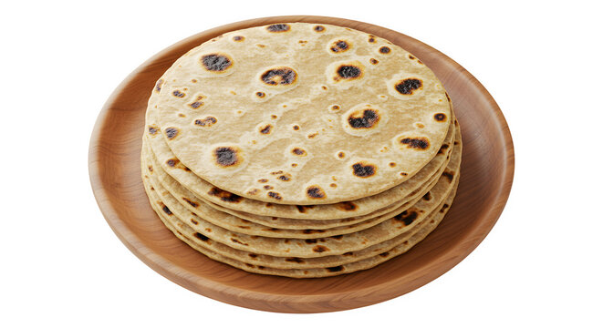 3D Render of a Delicious Stack of Chapati on a Wooden Plate on transparent background