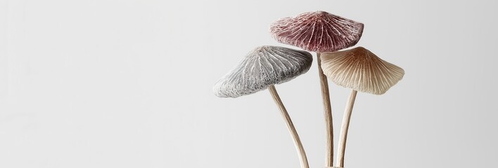 Three unique mushroom caps display soft colors and intricate textures, inviting exploration of identity in nature, art, and biological studies. Their forms capture attention and spark curiosity