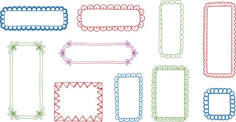 Pastel colored doodle crayon drawn whimsical frames with spiral, wavy lines, zigzag and dots. Line art cute childish funky frames.