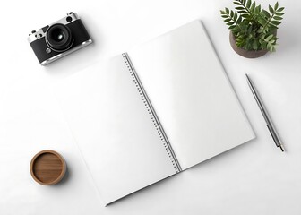 Flat lay of an open notebook with a camera and plant