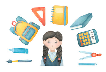 girl in school iniform, backpack, textbook, notebook, calculator, pencil, brush, compasses, marker, ruler set. watercolor school supplies illustrations isolated on white transparent background