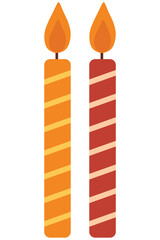 Pair of Striped Candles with Flames Flat Design. Colorful Decorative Wax Candles Graphic