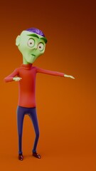 green ZOMBIE  character brain exposed in 3d pose on orange background