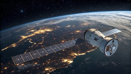 Obraz premium A modern spacecraft with wide solar panels orbits our bright planet above a starry night sky.