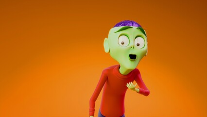 half-body green alien zombie character with exposed purple brain looking up on orange gradient background