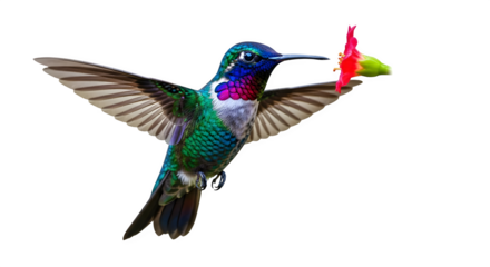 A hummingbird flying near a pink flower with wings spread open    .ai generative, transparent background, white background. isolated on white background