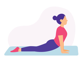 Woman in cobra pose flat yoga vector. Flat vector of yoga cobra position. Minimalist cobra pose yoga artwork.
