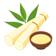 Cartoon Bamboo Shoots with Leaves and Bowl of Liquid