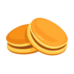 Two golden brown Japanese dorayaki pancakes with sweet red bean paste filling, illustrated in a clean, simple style.