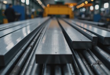 Steel rolling mill cooling bed with finished products in a factory setting