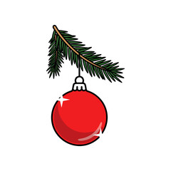 Illustration of a red christmas ornament hanging from a green pine branch on a white background
