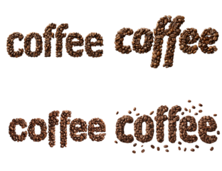 The word coffee is spelled out using coffee beans in four different arrangements on a transparent background