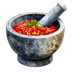 Rustic grey stone mortar and pestle with vibrant red chili paste, garnished with fresh herbs.