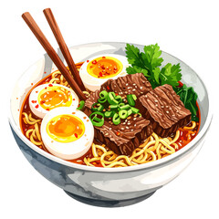 Delicious Watercolor Illustration of Japanese Ramen Bowl with Eggs and Meat
