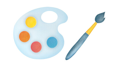 Colorful paint palette with dabs of acrylic oil and brash. Artist tools, art supplies watercolor illustration isolated on white transparent background, clip art and cut out for hobby, craft projects