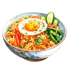 A vibrant watercolor illustration of a bowl of Asian fried rice, topped with a sunny-side-up egg, chili, and fresh vegetables.