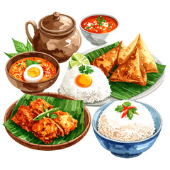 Colorful Watercolor Illustration of Various Delicious Asian Cuisine Dishes