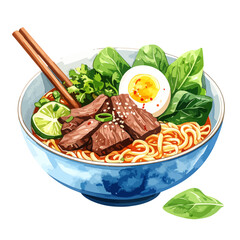 Vibrant watercolor illustration of a Japanese beef ramen bowl with egg and greens.