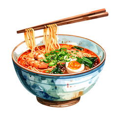 Vibrant Japanese Shrimp Ramen Bowl with Noodles, Soft-Boiled Egg, and Fresh Scallions, lifted by chopsticks