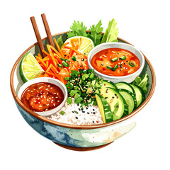 Vibrant Asian rice bowl with fresh vegetables, savory sauces, and chopsticks, watercolor illustration.