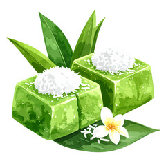 Two vibrant green pandan jelly cakes with shredded coconut, illustrated in a watercolor style.
