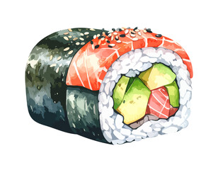 A single, detailed futomaki sushi roll with salmon, avocado, and sesame seeds, in a vibrant watercolor style.