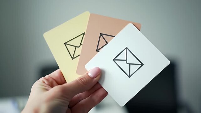 Woman Holds Three Square Cards with Email Symbols in Gold Beige and White with Blurred Office Background