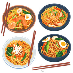 Collection of colorful Asian noodle bowls with fresh toppings like shrimp, boiled egg, and vegetables, served with chopsticks.