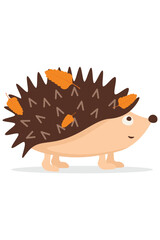 Cute Hedgehog with Autumn Leaves. Stylized Spiky Mammal with Friendly Face