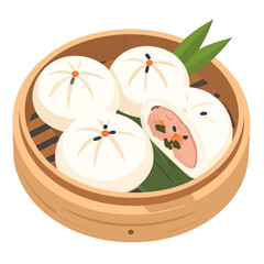 Illustration of traditional Chinese steamed bao buns in a bamboo steamer, one sliced to reveal the savory filling.