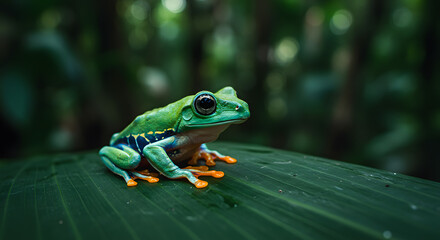 Naklejka premium Vibrant green frog perched gracefully on a lush leaf in natural rainforest habitat