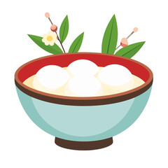 A light blue bowl of sweet Tangyuan rice balls with a red interior and floral garnish.