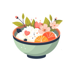 A decorative bowl of rice with orange slices, cherry blossoms, and heart shapes.