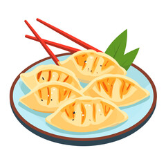 Illustrated pan-fried gyoza dumplings with sesame seeds on a blue plate with red chopsticks.