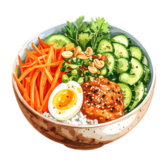Colorful Asian rice bowl with soft-boiled egg, fresh vegetables, peanuts, and sesame seeds.