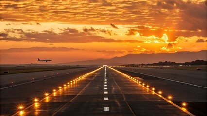 An airplane flies down a runway lined with lights during a beautiful orange sunset.