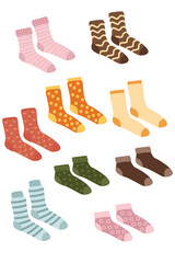 Set of Colorful Socks Flat Design. Home Footwear. Assortment of Patterned Socks