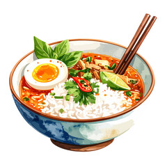 Colorful Asian Rice Bowl with Spicy Broth, Soft Egg, Fresh Herbs, and Chopsticks Illustration