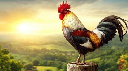 Rooster atop a post at dawn, rural landscape
